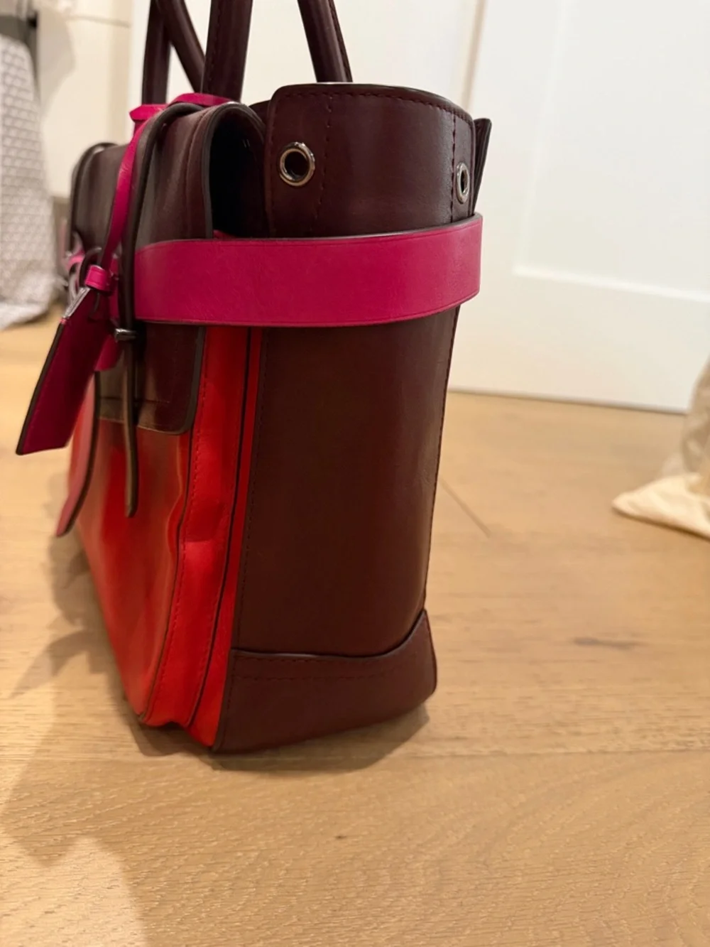 Reed Krakoff Burgundy, Red & Fuchsia Colorblock Leather Satchel - Picture 5 of 8